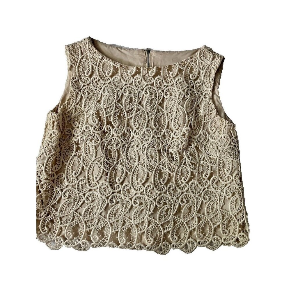 Lace Overlay Sleeveless Top Cream Beige Size Medium Scalloped Hem Lined Zipper